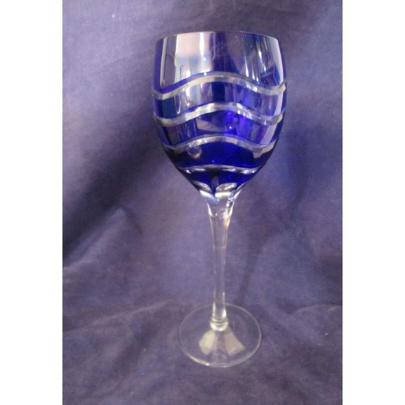 Cobalt Cut to Clear Wavy Lines Crystal Bohemian Wine Glass Unmarked Flawed - Picture 4 of 16